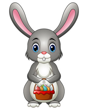 Cute Cartoon Rabbit Holding a Basket with Eggs