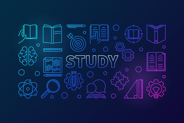 Study vector blue horizontal illustration in thin line style
