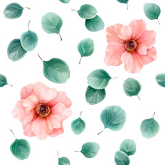 Seamless floral pattern with anemones and eucalyptus leaves