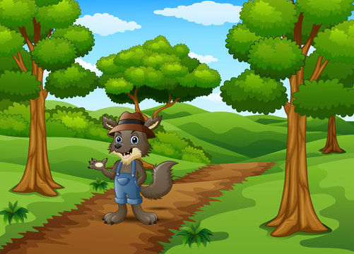 The wolf walking in way of forest hills