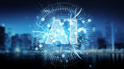 Digital artificial intelligence text hologram 3D rendering