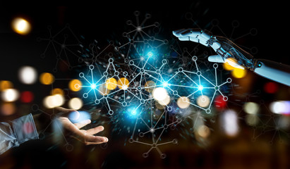 White cyborg hand using digital network connection 3D rendering