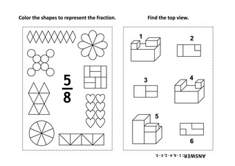 Two visual math puzzles and coloring pages. Color the shapes to represent the fraction. Find the top view. Black and white. Answers included.
