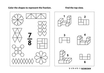 Two visual math puzzles and coloring pages. Color the shapes to represent the fraction. Find the top view. Black and white. Answers included.
