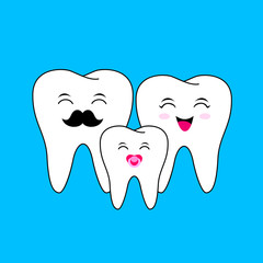 Cute cartoon tooth family, Dad, mom and child. Dental care concept, illustration isolated on blue background.