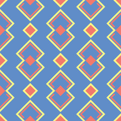 Geometric seamless pattern. Blue background with red and yellow design