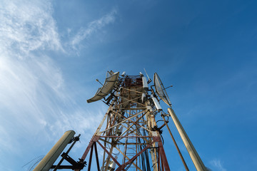 Fototapeta na wymiar Telecommunications antenna for radio, television and telephone with blue sky