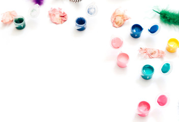 Flat Lay Creative Artist workspace. Watercolor and brushes on white background. Top view, Copy Space