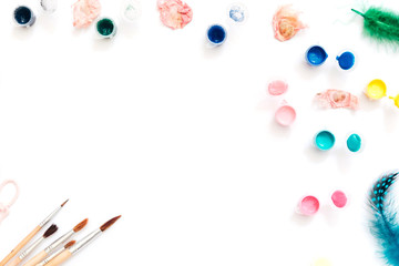 Flat Lay Creative Artist workspace. Watercolor and brushes on white background. Top view, Copy Space