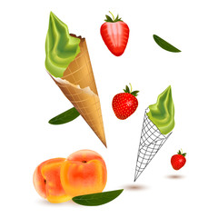 Realistic ice cream, fruits set vector illustration. Summer and Sweet menu concept of frozen creamy desserts with strawberry, pitch. Various of gelato ice cream flavor in cone and popsicle.