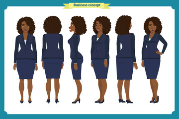 Set of Businesswoman character design. Front, side, back. Business girl. Cartoon style, flat vector isolated.African American