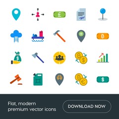 Modern Simple Set of business, industry, money, location Vector flat Icons. Contains such Icons as chart,  pound, money, network,  bar,  usd and more on white background. Fully Editable. Pixel Perfect