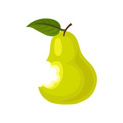 Ripe bitten pear with green leaf. Delicious summer fruit. Flat vector element for poster or yogurt packaging