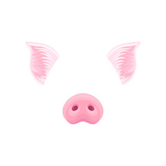 Cute pink pig s ears and nose. Funny mask of domestic farm animal. Detailed flat vector design for sticker of mobile messenger