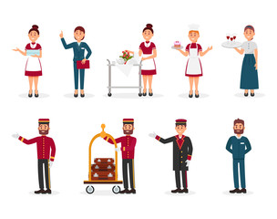 Flat vector set of hotel staff. Maid with clean towels, manager, bellboy with luggage trolley, doorman, chef of restaurant
