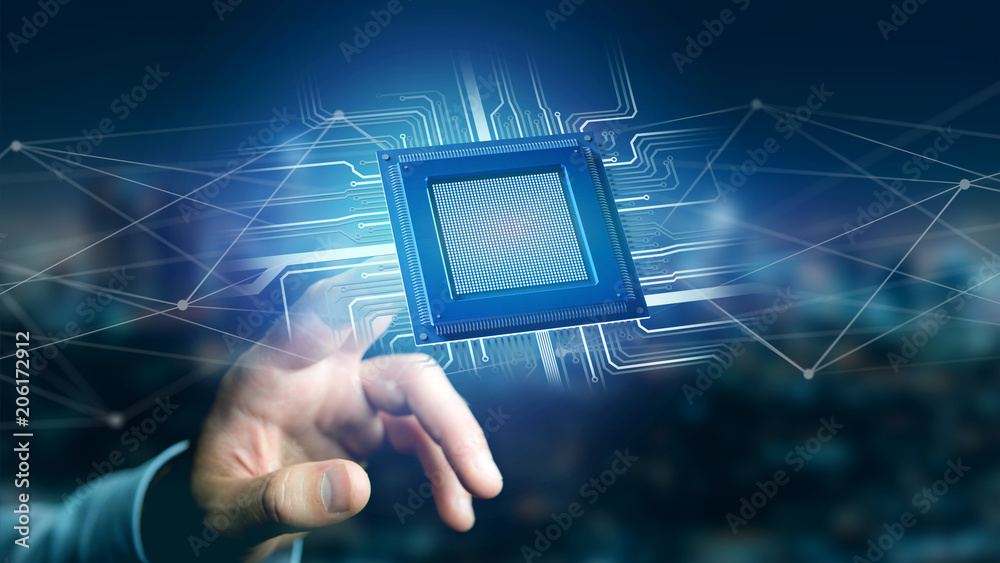 Poster processor chip and network connection - 3d render