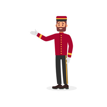 Young bearded guy in bellboy uniform. Employee of hotel service. Colorful flat vector design