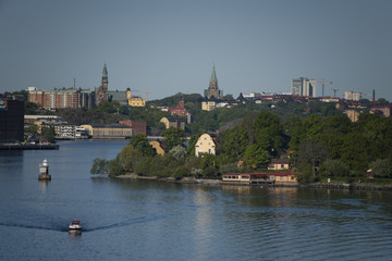 Fototapeta premium Waterwiev of stockhlm harbor a early moning in spring. Djurgården, Stockholm, Sweden