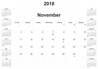 2018 monthly calendar with white background.