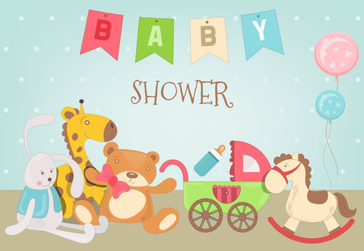 Baby shower card with toys. Vector illustration.