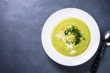 Zucchini Cream soup with  herbs and cream.
