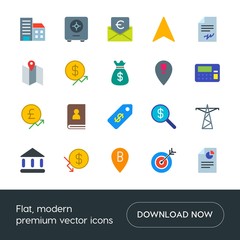 Modern Simple Set of business, industry, money, location Vector flat Icons. Contains such Icons as  chart, dollar,  building,  financial and more on white background. Fully Editable. Pixel Perfect