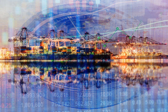 Double exposure of stocks market chart concept with International Container Cargo ship in the ocean, Freight Transportation, Shipping, Nautical Vessel