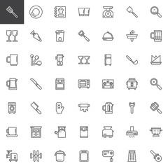 Kitchen tools outline icons set. linear style symbols collection, line signs pack. vector graphics. Set includes icons as Whisk, Dish, Recipe cooking book, Glass, Scale, Pastry bag, Bottle opener