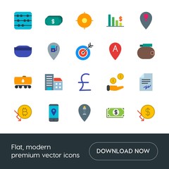 Modern Simple Set of business, industry, money, location Vector flat Icons. Contains such Icons as  location,  payment, business, salary and more on white background. Fully Editable. Pixel Perfect