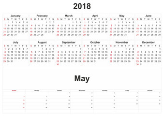 2018 monthly calendar with white background.
