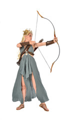 full length portrait of pretty blonde lady wearing fantasy toga gown,  and holding a bow and arrow. standing pose on white background. © faestock
