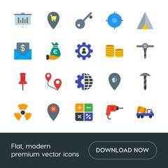 Modern Simple Set of business, industry, money, location Vector flat Icons. Contains such Icons as  location,  hazard, delete, location, map and more on white background. Fully Editable. Pixel Perfect