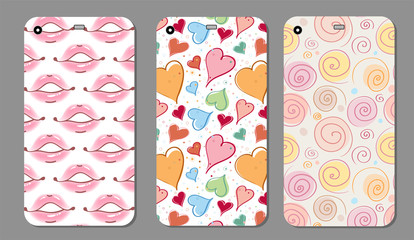 Phone case collection. Closeup beautiful lips of woman with red lipstick and gloss. Sexy wet lip make-up. Open mouth. Sweet kiss.Retro mobile phone decals. Vector illustration
