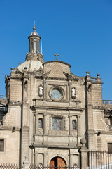 Facade of a beautiful, old cathedral at Zocalo Square in Mexico City