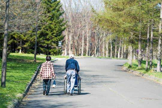 公園を散歩する老夫婦 / 高齢化社会のイメージ