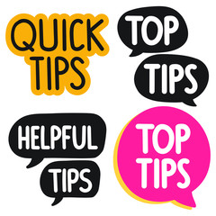 Quick, top, helpful tips concept. Set of hand drawn badges, icons. Flat vector illustrations on white background.