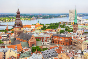 Aerial view of the river Daugava and historical center of the Latvian capital Riga 