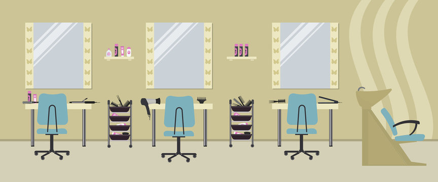 Interior of a hairdressing salon in a beige color. Beauty salon. There are tables, blue chairs, a bath for washing the hair, mirrors, hair dryer, combs and other objects in the picture. Vector