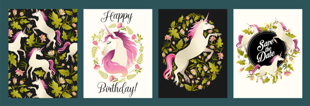 Fototapeta Unicorn head in wreath of flowers. Watercolor illustration. Vector templates. Design element for card, poster, banner.