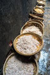 Fresh tiny shrimp on basket at market in Quy Nhon, south Vietnam