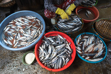 Seafood processing at fish market in Quy Nhon, south Vietnam