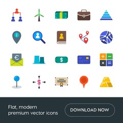 Modern Simple Set of business, industry, money, location Vector flat Icons. Contains such Icons as  pyramid,  financial,  power, power,  bag and more on white background. Fully Editable. Pixel Perfect