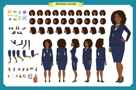 Set of Black Businesswoman character design.Front, side, back view animated character.Business girl character creation set with various views, poses and gestures. flat vector isolated.  