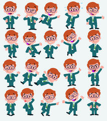 Cartoon character businessman with glasses. Set with different postures, attitudes and poses, always in positive attitude, doing different activities in vector vector illustrations.