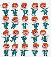 Cartoon character businessman with glasses. Set with different postures, attitudes and poses, doing different activities in isolated vector illustrations.