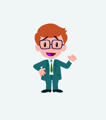 Businessman with glasses waving, happy.