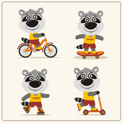 Set of isolated funny raccoon on bike, skateboard, scooter and roller skates.