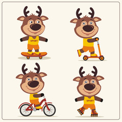 Set of isolated funny deer on bike, skateboard, scooter and roller skates.