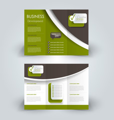 Tri fold brochure design. Creative business flyer template. Editable vector illustration. Green and brown color.