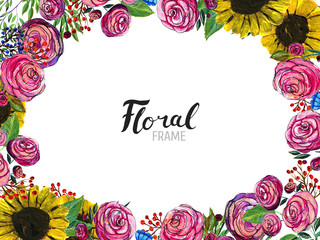 Watercolor Floral Background. Hand painted border of flowers. Good for invitations and greeting cards. Frame of sunflowers, roses, berries and blue wildflowers isolated on white. Spring blossom
